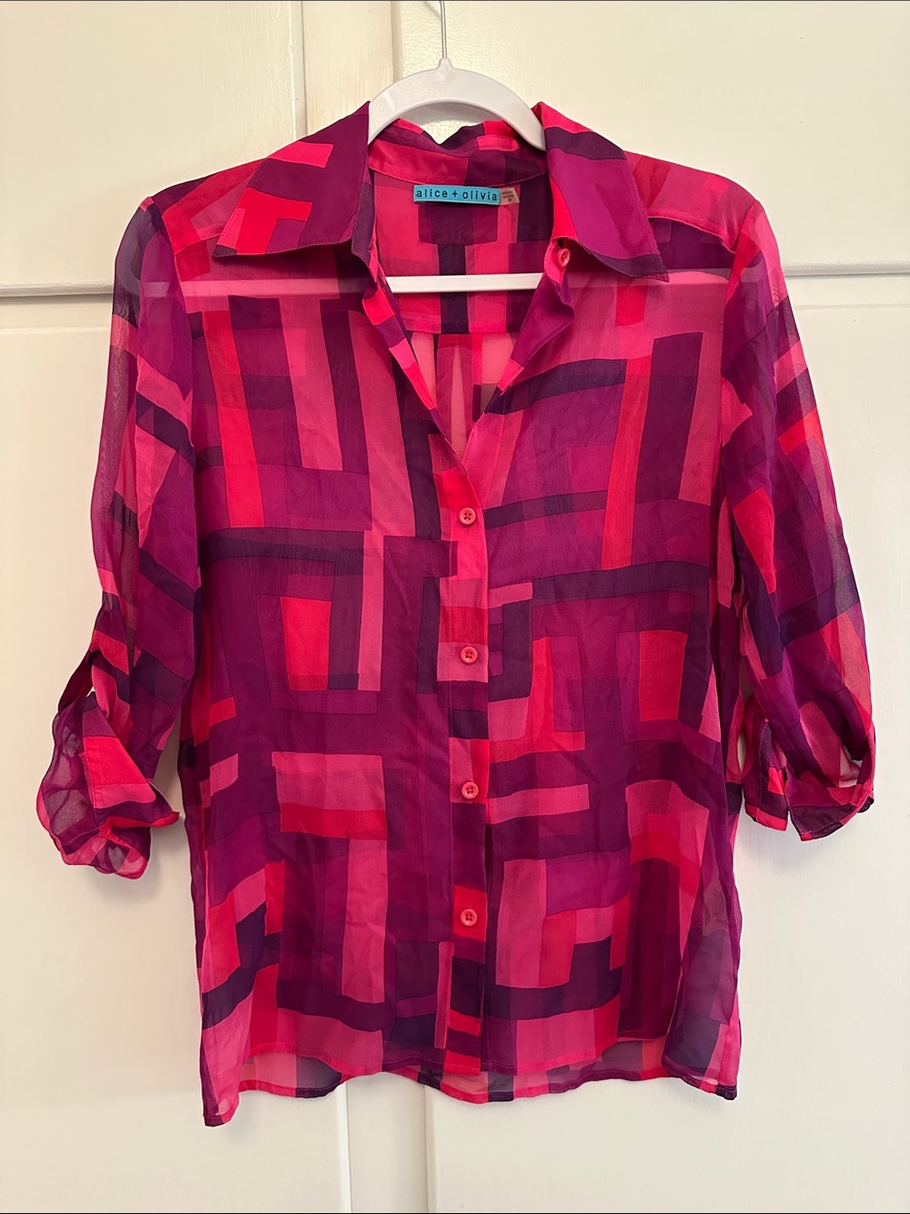 LIKE NEW Alice + Olivia Pink and Purple Geometric Button Down Blouse Top